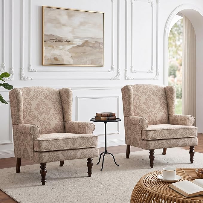 HUIMO Printed Wingback Accent Chair, Linen Upholstered High Back Armchair, Comfy Reading Chair for Living Room Bedroom Study, 300lbs Weight Capacity (2, Brown Floral)