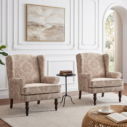 HUIMO Printed Wingback Accent Chair, Linen Upholstered High Back Armchair, Comfy Reading Chair for Living Room Bedroom Study, 300lbs Weight Capacity (2, Brown Floral)