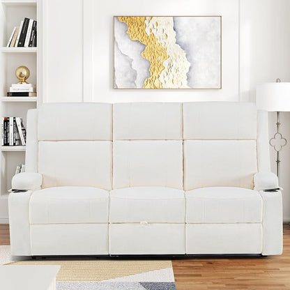 75'' Manual Reclining Sofa with Storage Drawer, 3 Seat Wall Hugger Recliner Couch with Cup Holders, Side Pockets, Chenille Fabric, Compact 3-Person Recliner for RV, Living Room, Apartment (Beige)
