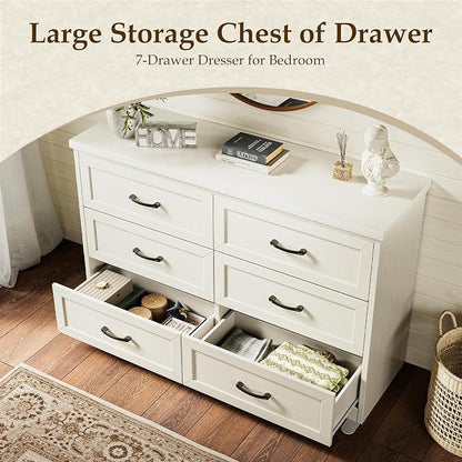 AODK Farmhouse 6 Drawer Dresser for Bedroom, 47” Wide Rustic Storage Dresser with Engineered Wood Frame, Anti-Tip Safety Chest, American Country Bedroom Furniture, Vintage White