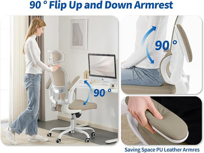 TRALT Ergonomic Office Chair - Desk Chair with Adjustable Headrest Lumbar Support Computer Chair - Mesh Comfy Chair with Flip-up Armrests - Gaming Chairs for Adults Home Office (PU Leather,Khaki)