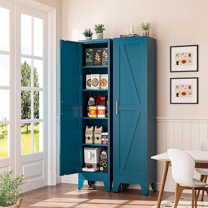 Narrow Bathroom Storage Cabinet Tall Metal Storage Cabinets with 4 Adjustable Shelves Freestanding 5 Tier Slim Pantry Cabinet for Kitchen Office Small Space Blue