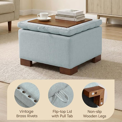 24 Inch Square Storage Ottoman Coffee Table, Modern Tufted Upholstered Ottoman with Flip Tray and Solid Wood Legs, Suitable for Living Rooms, Linen Blue