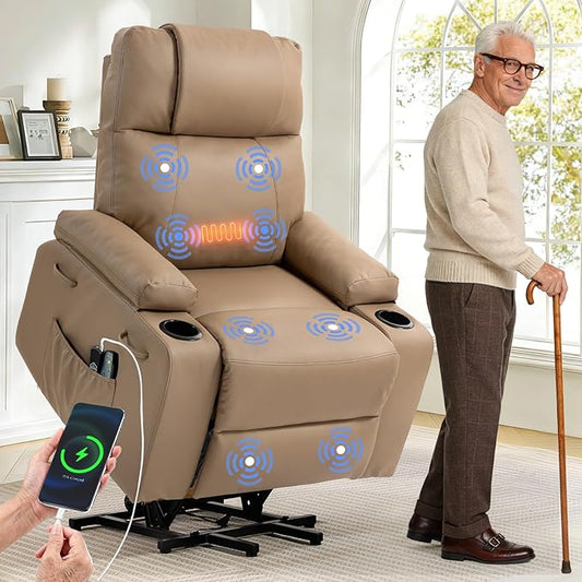 Brage Living Power Lift Recliner Chair for Elderly with Massage & Heat, PU Leather Electric Recliner with USB Charge Port, 160° Adjustable Recline, Stand Assist, Remote Control, Cup Holders (Brown)