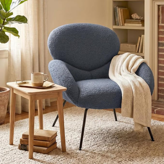 Accent Chair, Accent Chair for Bedroom, Boucle Chair (Blue) | Comfy Bedroom Chair with Love Back and Sturdy And Durable Solid-Wood Frame/ Study Room / Bedroom / Living Room /(Cream Style)