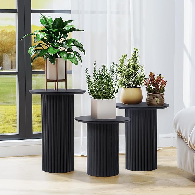 Bifins Round Nesting Coffee Table Set of 3,Mid Century Modern Fluted Coffee and End Table Set,Small Circle Wooden Side Table Drink Table for Living Room (Black)