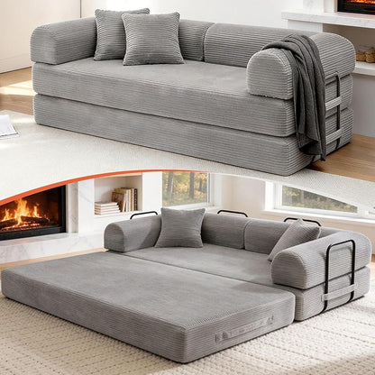 78.8" Memory Foam Boneless Couch, Corduroy Floor Sofa Bed, Convertible Sleeper Futon Loveseat, Wide Armrests & Back Support, Supports Up to 1200 lbs, Couch in a Box with 2 Pillows, Light Grey