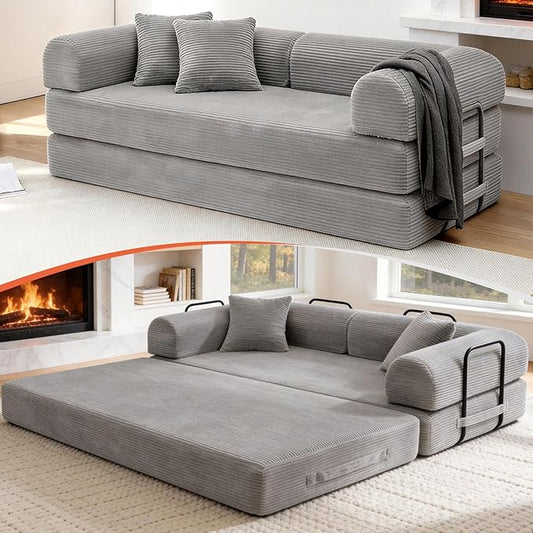 78.8" Memory Foam Boneless Couch, Corduroy Floor Sofa Bed, Convertible Sleeper Futon Loveseat, Wide Armrests & Back Support, Supports Up to 1200 lbs, Couch in a Box with 2 Pillows, Light Grey