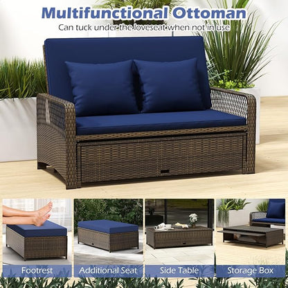 Tangkula Patio Rattan Daybed with 4-Level Adjustable Backrest, 2-Person Outdoor Wicker Loveseat with Storage Ottoman & Soft Cushions, Double Sunbed Lounger for Backyard, Porch, Poolside (Navy)