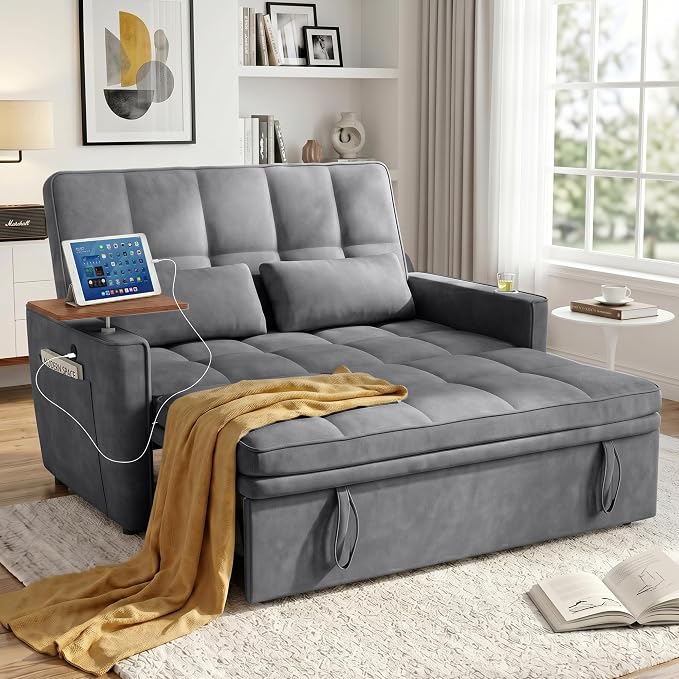 54'' Sleeper Sofa Bed, Convertible Pull Out Couch Futon for for Living Room,Apartment (Darkgrey) Side Desk, USB Ports, Cup Hold, Velvet Fabric, Adjustable Backrest, Easy Assembly