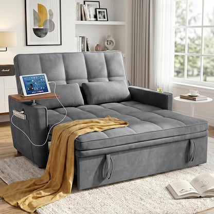 54'' Sleeper Sofa Bed, Convertible Pull Out Couch Futon for for Living Room,Apartment (Darkgrey) Side Desk, USB Ports, Cup Hold, Velvet Fabric, Adjustable Backrest, Easy Assembly