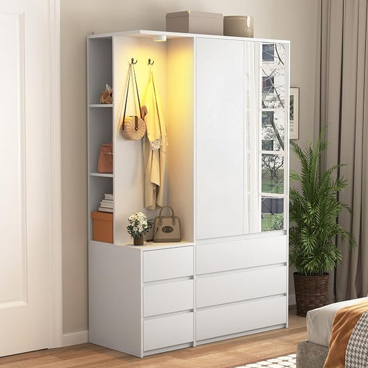 White Wardrobe Closet with Mirror and LED Light, Armoire Wardrobe with 6 Drawers, Hanging Rod, Open Shelves, Freestanding Bedroom Storage Cabinet
