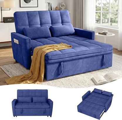 54'' Sleeper Sofa Bed, Convertible Pull Out Couch Futon for for Living Room,Apartment (Blue, Loveseat) Side Pockets, Velvet Fabric, Adjustable Backrest, Pull-Out Bed, Easy Assembly