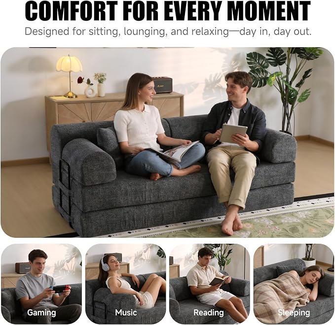 78.8" Memory Foam Boneless Couch, Corduroy Floor Sofa Bed, Convertible Sleeper Futon Loveseat, Wide Armrest & Back Support, Supports Up to 1200lbs, Couch in a Box with 2 Pillows, Charcoal Gray