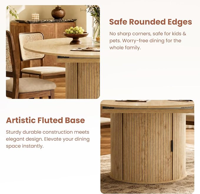 47''-63'' Extendable Round Dining Table for 4-6, Round Dining Room Table with Hidden Storage, Modern Wooden Kitchen Table with Fluted Sliding Door Cabinet for Dining Room Kitchen, Nature