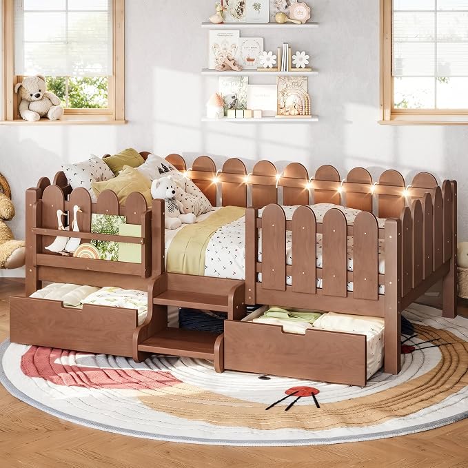 Bellemave Twin Kids Montessori Bed with Stairs, Bookshelf and LED Lights, Solid Wood Kids Bed Frame with Storage Drawers for Boys Girls, Low Profile,Deep Natural