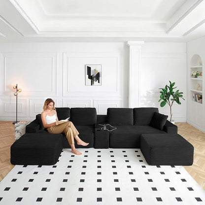 ivoros 150 Inch Modular Sectional Sofa Couch, Oversized Modern Cloud Couch for Living Room, U Shape Couches with 2 Ottomans, USB Ports and Cup Holders, Black Corduroy Boneless Sofas, Sofa in a Box