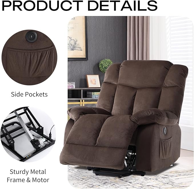 CANMOV Power Lift Electric Recliner Chair for Elderly- Heavy Duty and Safety Motion Reclining Mechanism-Antiskid Fabric Sofa for Living Room, Chocolate