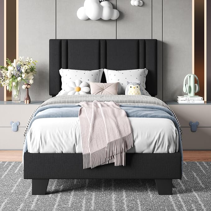 Einhomn Upholstered Twin Size Bed Frame with Linen Fabric Headboard, Strong Wooden Slats Support, Noise Free, No Box Spring Needed, Black
