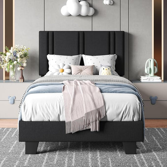 Einhomn Upholstered Twin Size Bed Frame with Linen Fabric Headboard, Strong Wooden Slats Support, Noise Free, No Box Spring Needed, Black