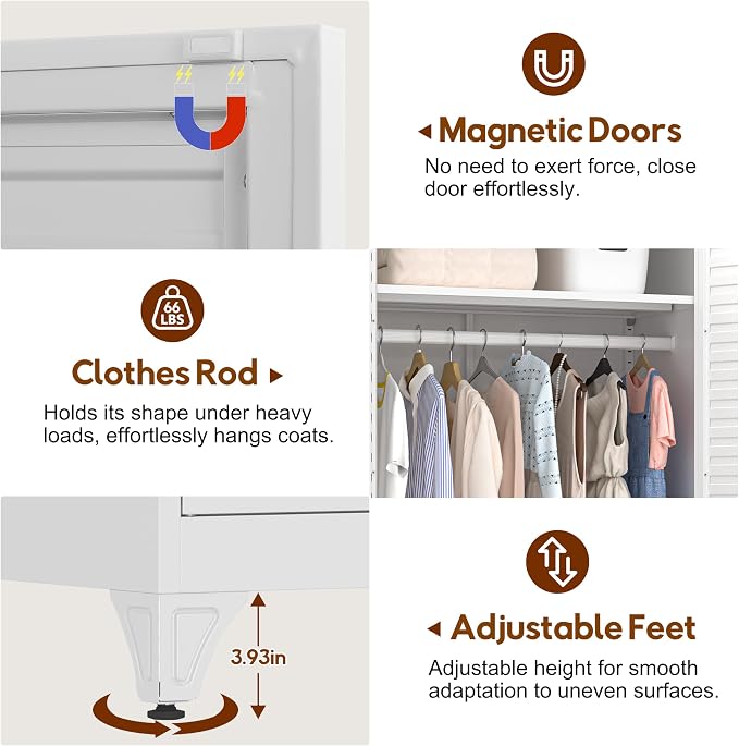 UNICOLY Metal Wardrobe Closet, 71'' Wardrobe Cabinet with Hanging Rod, Armoire Wardrobe Closet with 2 Louver Doors, Adjustable Shelves, for Bedroom, Cloak Room, School, Gym, Government, White
