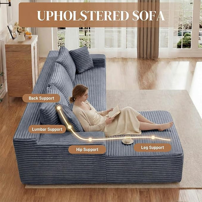 95" L Shaped Cloud Boneless Sectional Couches for Living Room, Modern Comfy Modular Deep Seat Memory Foam Compressed Corduroy Sofa Oversized Left Facing Chaise, No Assembly Required, Grey