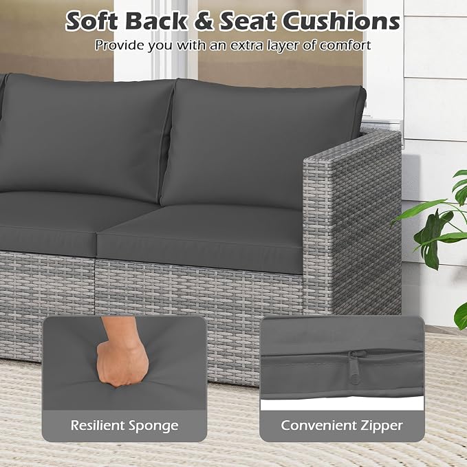 Tangkula 3 Seat Outdoor Wicker Sofa Set, Modular PE Rattan Patio Cushioned Sectional Couch Set, Outside Furniture Set for Deck, Backyard, Porch, Garden & Poolside (Black)