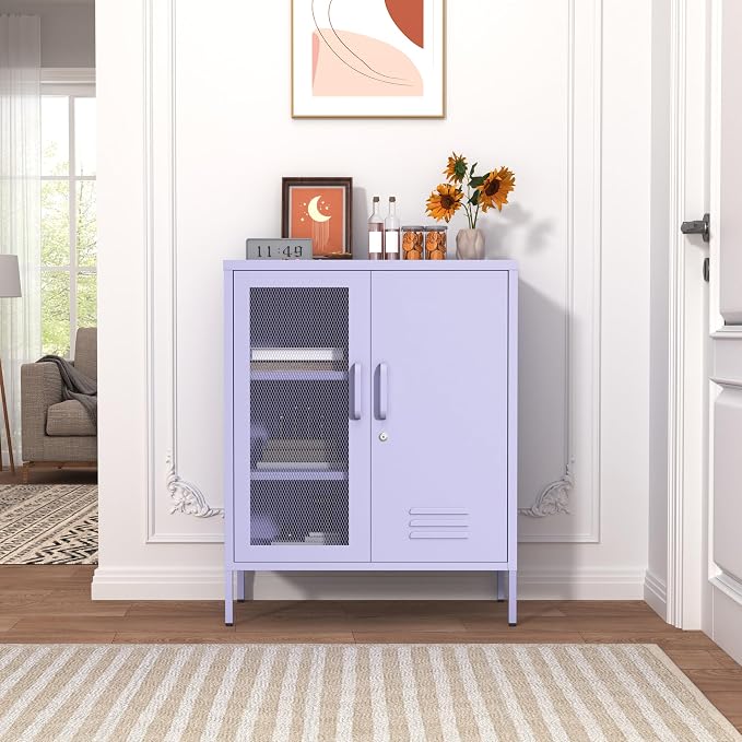 33" Tall Purple Metal Locker Storage Cabinet with Lock Left Glass Door and Right Metal Door 2 Adjustable Shelves Steel Storage Organizer for Foyer Living Room Size：33" H X 29.5" W X 13.8" D