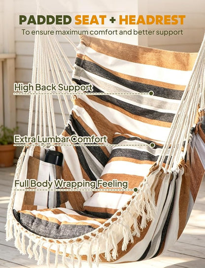 Chihee Hammock Chair Hanging Swing Max 500 Lbs 2 Cushions Included Metal Spreader Bar with Anti-Slip Grooves Portable Hanging Chair Side Pocket Large Macrame Bohemian Chair Indoor Outdoor