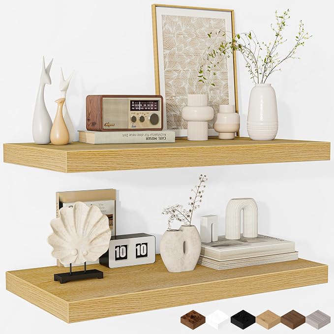 Fun Memories Floating Shelves - 2 Pack 12 Inch Deep Rustic Wooden Wall Shelves - Extra Deeper & Thicker Wall Mounted Storage Shelf for Living Room, Kitchen, Farmhouse - 24" W x 12" D x 1.5" H - Oak