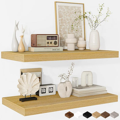 Fun Memories Floating Shelves - 2 Pack 12 Inch Deep Rustic Wooden Wall Shelves - Extra Deeper & Thicker Wall Mounted Storage Shelf for Living Room, Kitchen, Farmhouse - 24" W x 12" D x 1.5" H - Oak