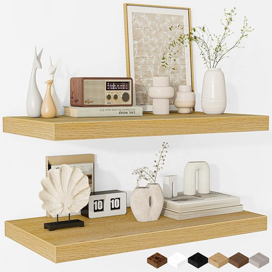 Fun Memories Floating Shelves - 2 Pack 12 Inch Deep Rustic Wooden Wall Shelves - Extra Deeper & Thicker Wall Mounted Storage Shelf for Living Room, Kitchen, Farmhouse - 24" W x 12" D x 1.5" H - Oak