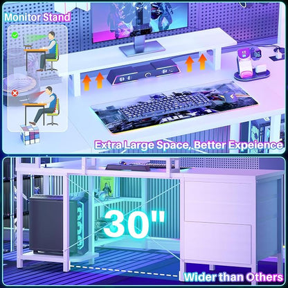 Aheaplus L Shaped Gaming Desk with Hutch, Gaming Desk with Led Lights, Reversible Computer Desk with Power Outlet, Corner Desk with File Drawer & Monitor Stand, Storage Shelves for Home Office, White