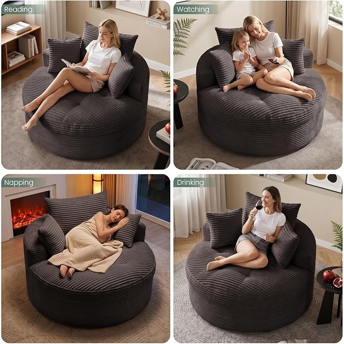 Oversized Round Chaise Lounge Chair, Deep Seat Cloud Boneless Floor Sofa Couch, Upholstered Corduroy Sleeper with 3 Pillows & Optional Ottoman, No Assembly Modern Lazy Floor Lounger for Living Room