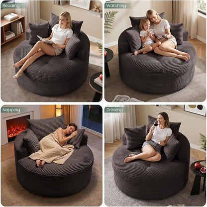Oversized Round Chaise Lounge Chair, Deep Seat Cloud Boneless Floor Sofa Couch, Upholstered Corduroy Sleeper with 3 Pillows & Optional Ottoman, No Assembly Modern Lazy Floor Lounger for Living Room