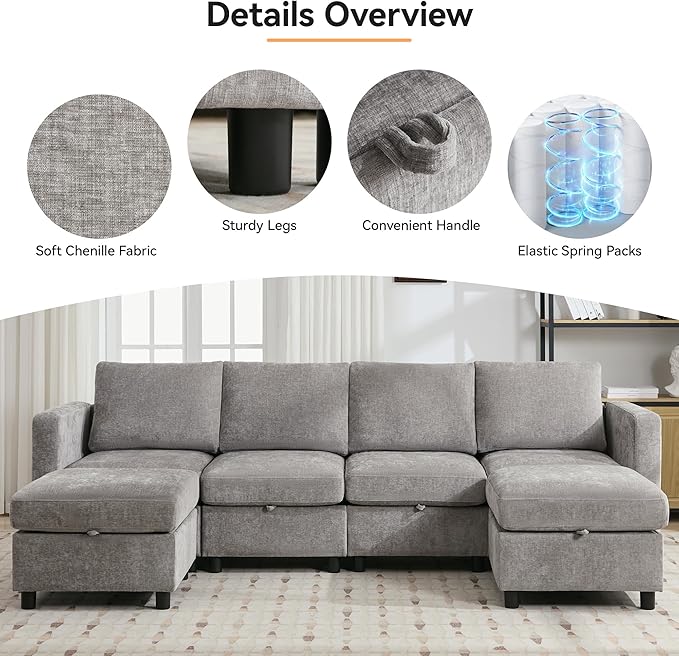 WUTUTUEE 107”Modular Sectional Sofa Convertible U Shaped Sofa Couch Set with Storage for Living Room, Modern 6 Seater Modular Sectional Couch with Movable Ottoman, Chenille(Light Grey)