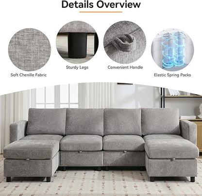 WUTUTUEE 83' Modular Sectional Sofa Convertible L Shaped Couch Set for Living Room, 4 Seat Storage Modular Sofa with Movable Ottoman, Chenille(Light Grey)