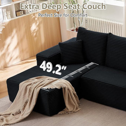 166.9" Cloud Sectional Couch with L-Shape Chaise, Modern Modular Comfy Sofa Chaise Longue, Upholstered Corduroy Couches Sleeper with Deep Seat for Living Room Bedroom, No Assembly Required, Black