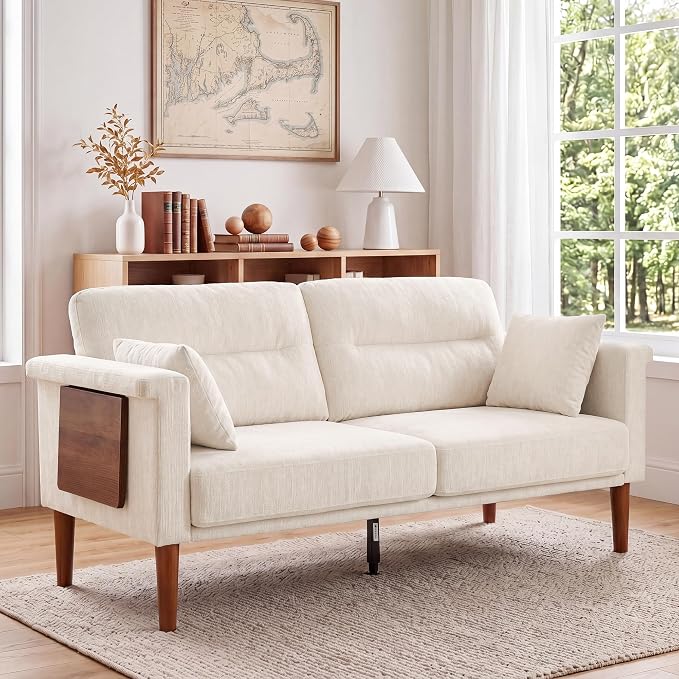 Vipbear 69" Loveseat Sofa,Modern Couches for Small Spaces,Beige Chenille Love Seat Couch for Living Room,Bedroom,Apartment,Office,Deep Seat,Armrest Tabletop,Throw Pillow
