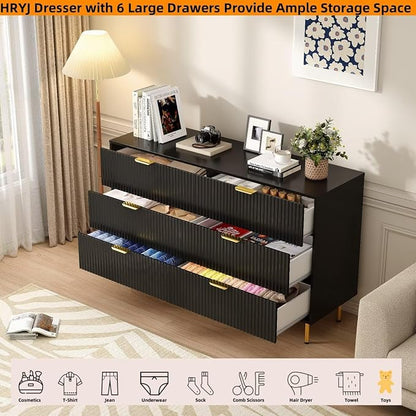 Fluted Black 6 Drawers Dresser for Bedroom, 56 inch Wide Chest of Drawer Dressers with Gold Handle, Modern Wooden Closet Clothes Storage Organizer Cabinet Table Dresser for Living Room