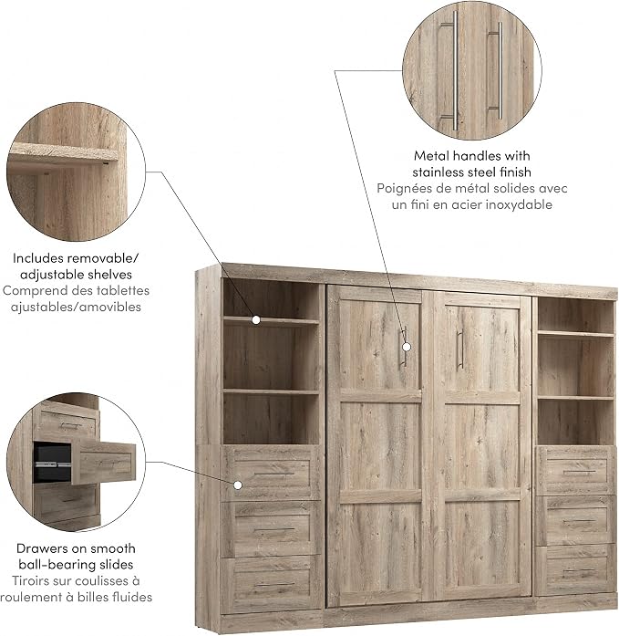Bestar Pur Full Murphy Bed and 2 Shelving Units with Drawers, 109-inch Space-Saving Wall Bed