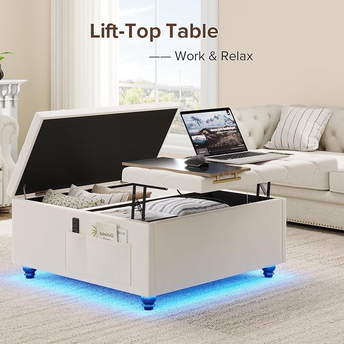 Dnxao Large Ottoman with Storage,Lift Top Coffee Table 31.5" Square Upholstered Tufted Footrest with LED Lights, Charging Station,2 Side Pockets and Removable Tray for Living Room, Beige