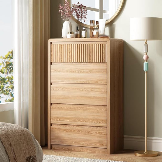 LYNSOM 5 Drawer Dresser for Bedroom, 48" Tall Fluted Dresser with Curved Corners, Wood Dressers & Chests of Drawers with Dual-Panel Design for Bedroom, Entryway, Oak