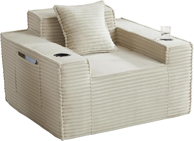 43.3" Boneless Chair with Cup Holder,Oversize Accent Chair with Side Pocket, Large Reading Sofa Chair for Compact Living Rooms, Apartments (Camel, Single Sofa Chair)