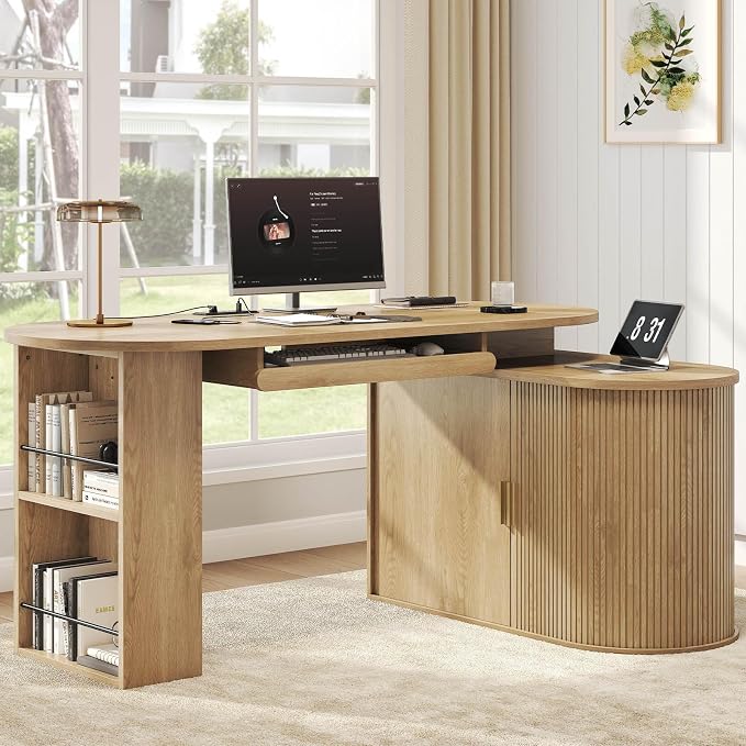 HSH L Shaped Office Corner Desk with Storage Cabinet for Home Oak 60 Inch | Executive Woood Fluted Computer Desk with Keyboard Tray and Open Shelves Modern Reversible Mcm Large Swivel Table