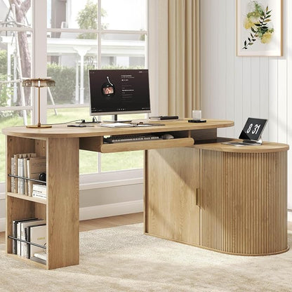 HSH L Shaped Office Corner Desk with Storage Cabinet for Home Oak 60 Inch | Executive Woood Fluted Computer Desk with Keyboard Tray and Open Shelves Modern Reversible Mcm Large Swivel Table