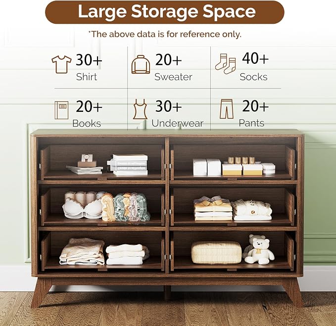 VINGLI Fluted Walnut Dresser 6 Drawer, Dark Brown Wood Dresser with Rounded Edges, Mid Century Modern Walnut Dressers for Bedroom, 46.8" W*15.5" D*31" H