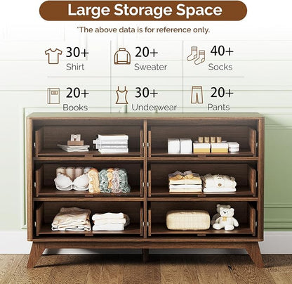 VINGLI Fluted Walnut Dresser 6 Drawer, Dark Brown Wood Dresser with Rounded Edges, Mid Century Modern Walnut Dressers for Bedroom, 46.8" W*15.5" D*31" H