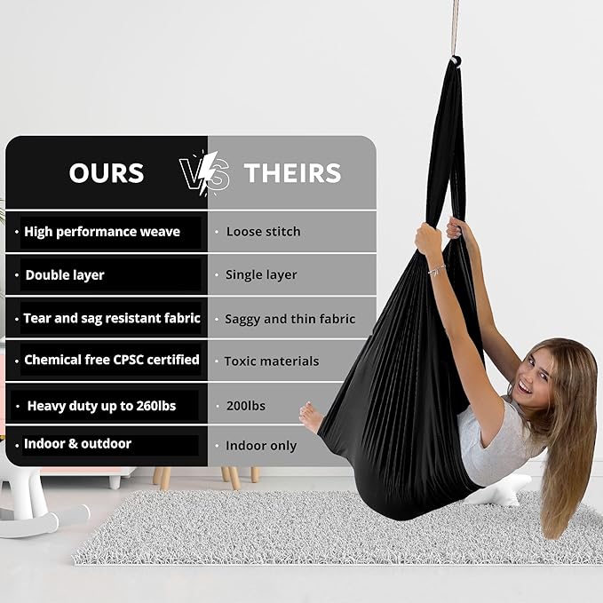 Double Layer Reversible Sensory Swing | Outdoor and Indoor Swing for Kids and Adults Up to 260 lbs | Autism Cocoon Swing | Kids Sensory Swing (Black)