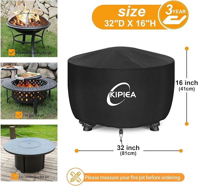 Kipiea Round Fire Pit Cover 100% Waterproof, 32" D x 16" H Outdoor Firepit Cover, Upgraded 600D Strong Tear and UV Resistant, Black